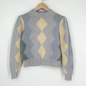 J. Crew Diamond-Checked Argyle Crewneck Sweater Alpaca Wool Blend Puff Sleeve
